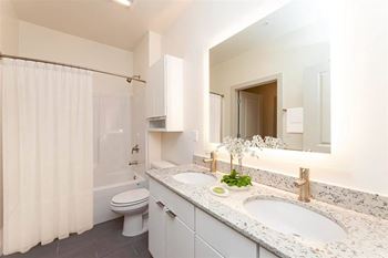 A bathroom with a toilet, sink, and shower at Circ Apartments, Richmond, Virginia